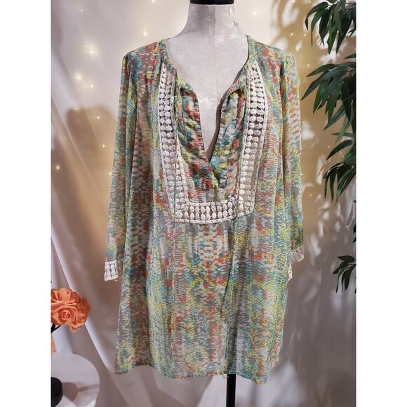 Daniel Rainn Sheer Crochet Tie Neck 3/4 Sleeve Peasant Tunic Blouse Plus Size 2X - Picture 1 of 10